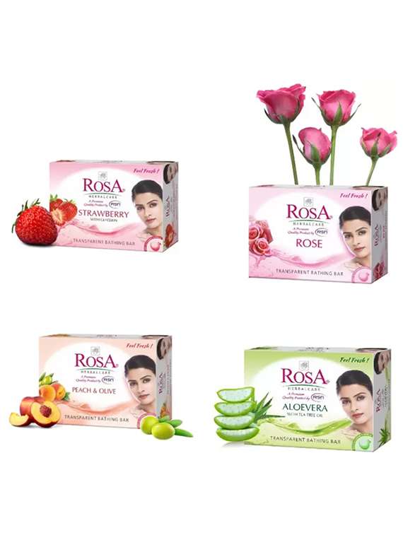 rosa transparent rose,peach olive, aloevera & strawberry gel soap i skin conditioners glyecrin bathing bar i pack 4 *100g each