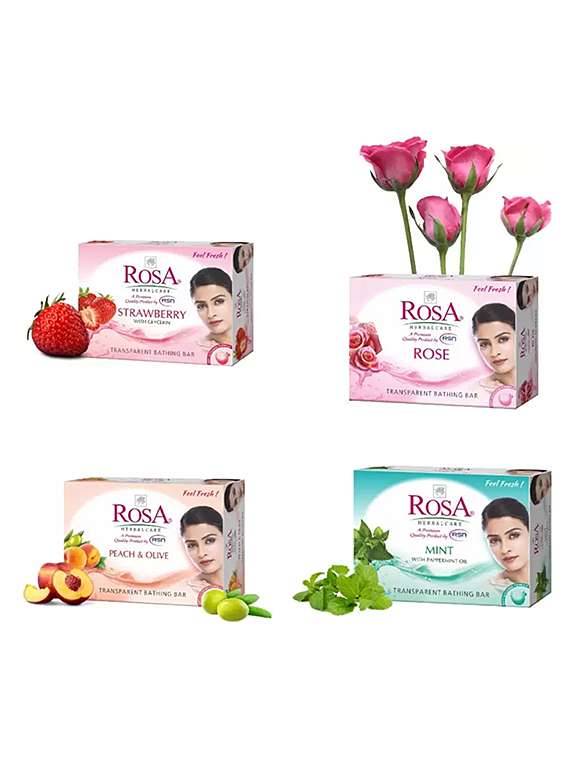 rosa transparent strawberry, rose, mint and peach & olive gel soap i skin conditioners bathing bar i pack 4 *100g each