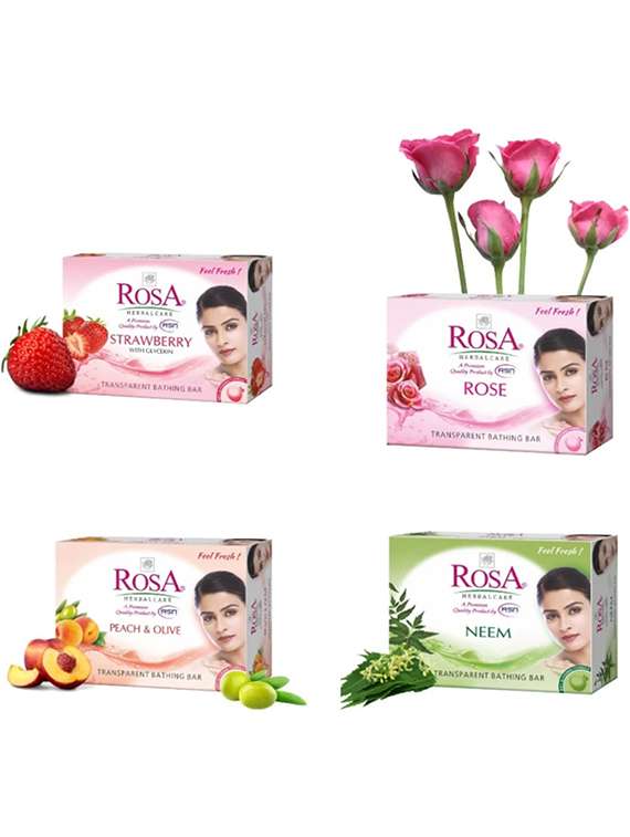 rosa transparent strawberry, rose, neem and peach & olive gel soapi skin conditioners glyecrin bathing bar i pack 4 *100g each