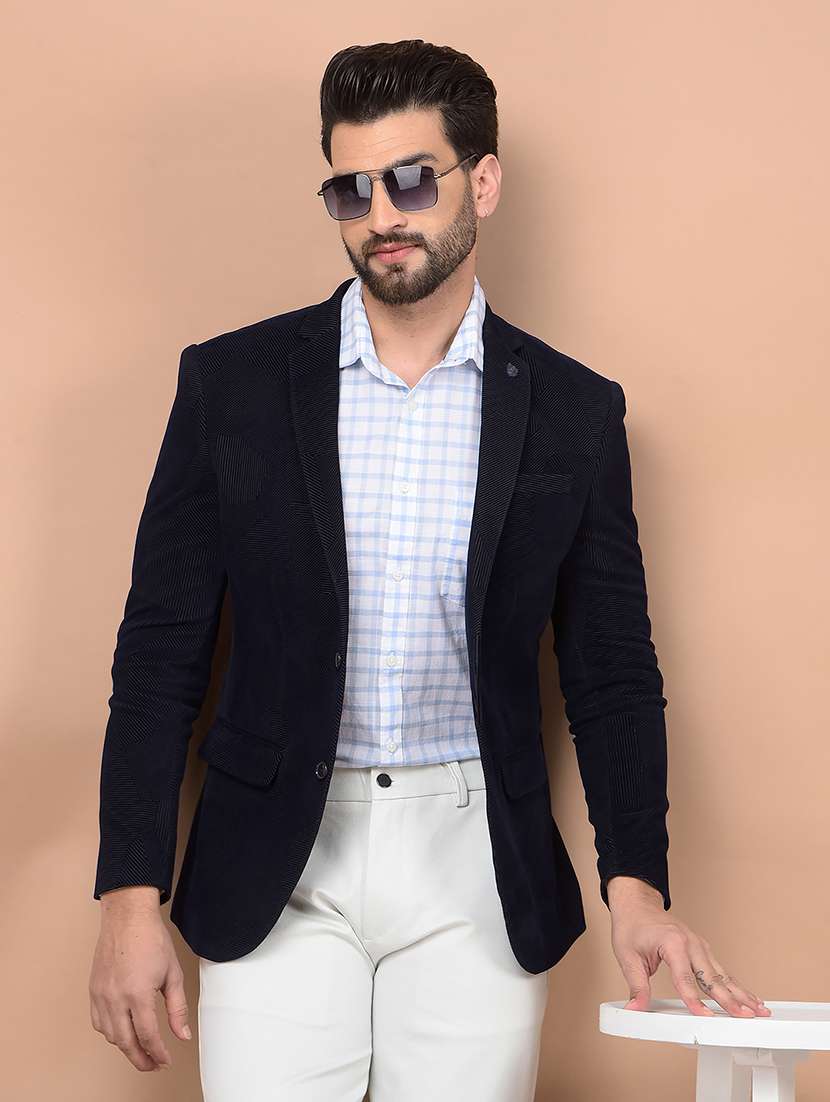 navy blue polyester single breasted formal blazer