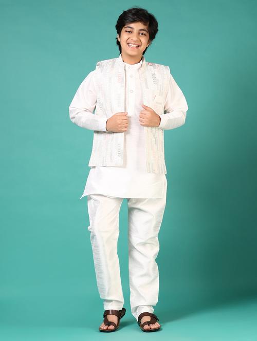boys solid kurta pyjama with embroidered jacket - 21716709 - Standard Image - 0