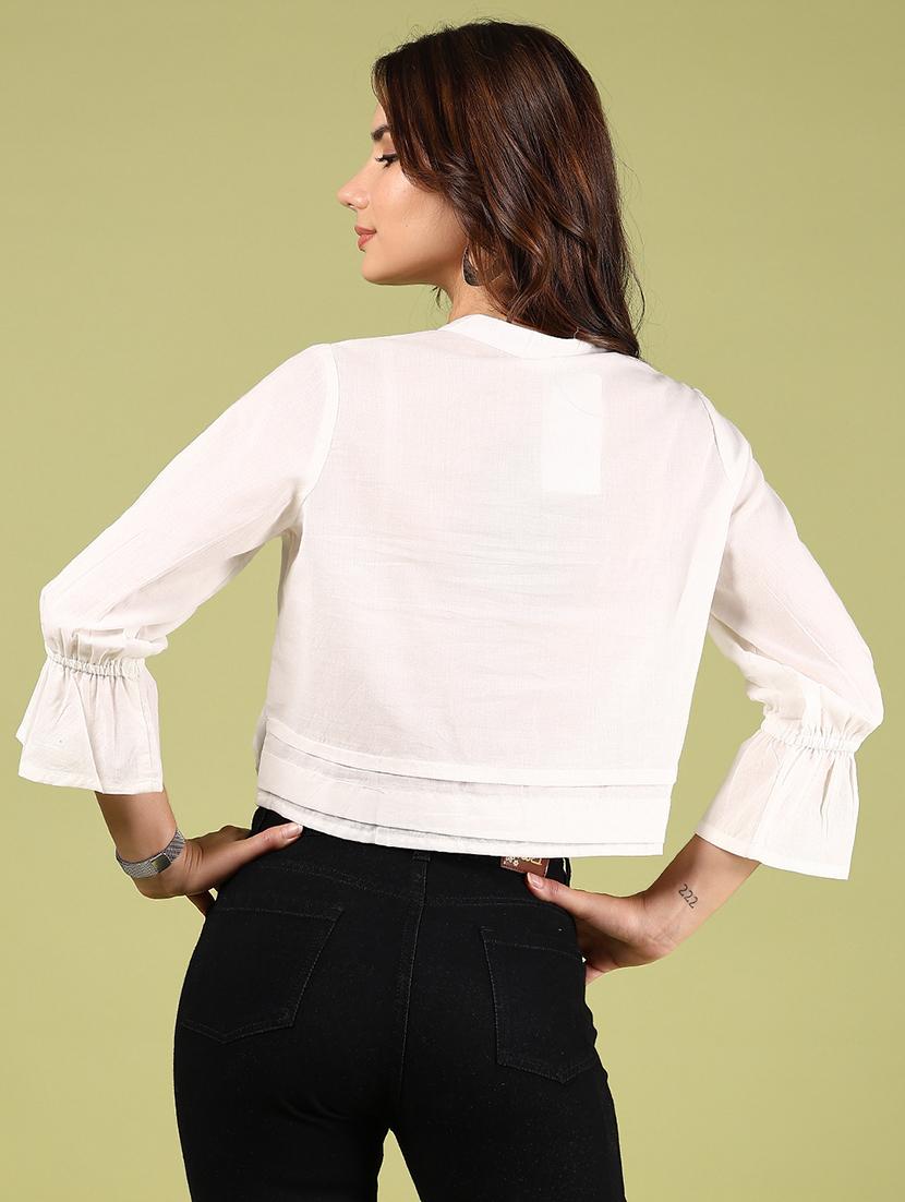 women white solid tie up neck crop top - 21716729 - Standard Image - 3