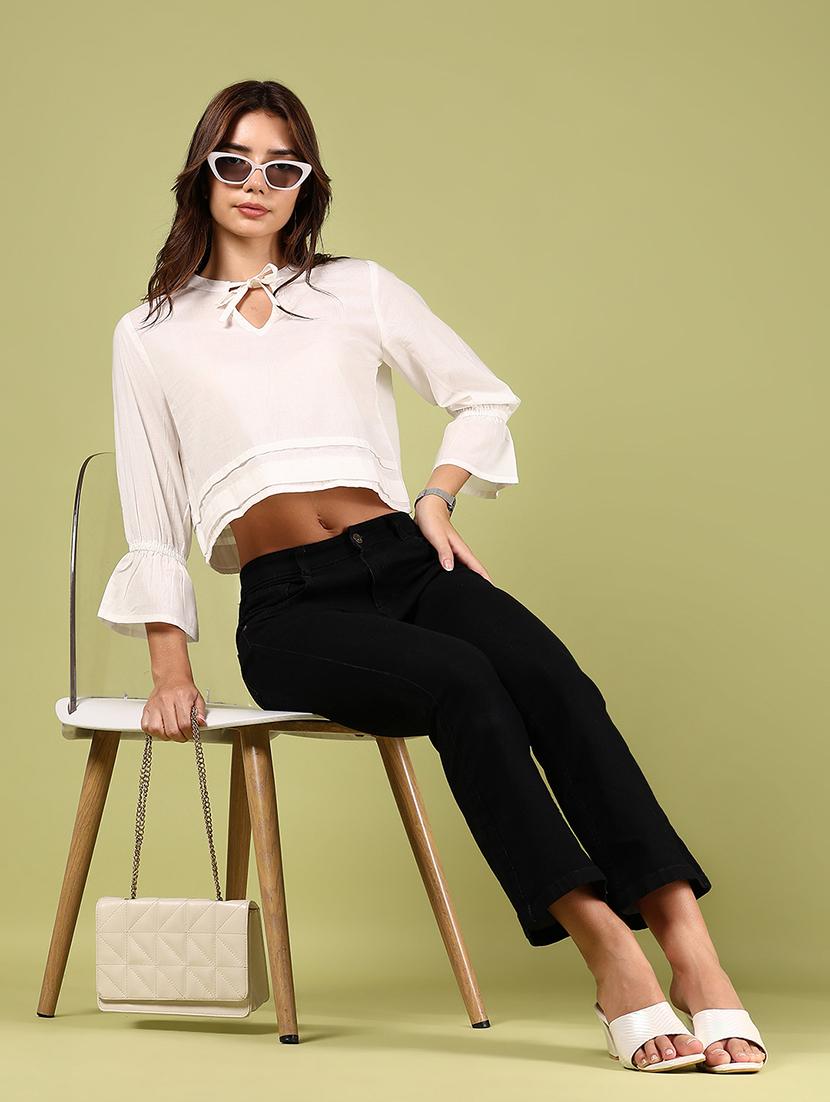 women white solid tie up neck crop top - 21716729 - Standard Image - 5