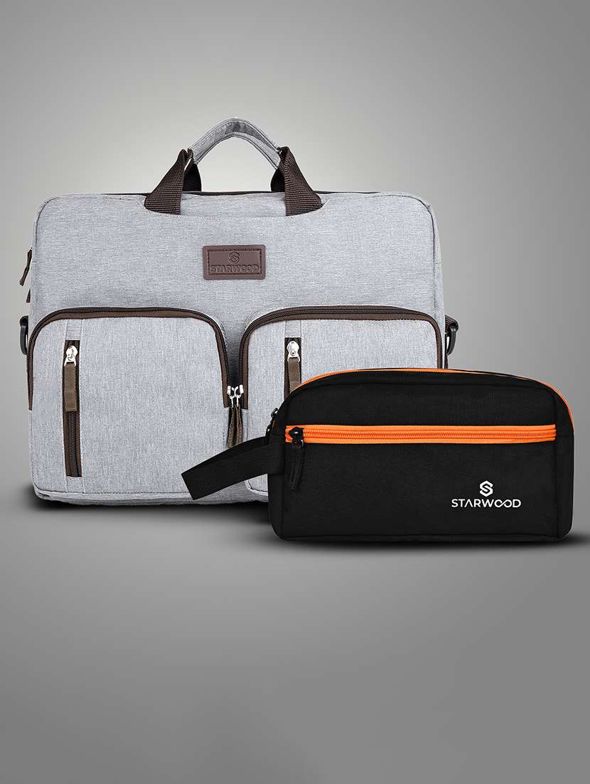 men solid adjustable strap laptopbag with pouch