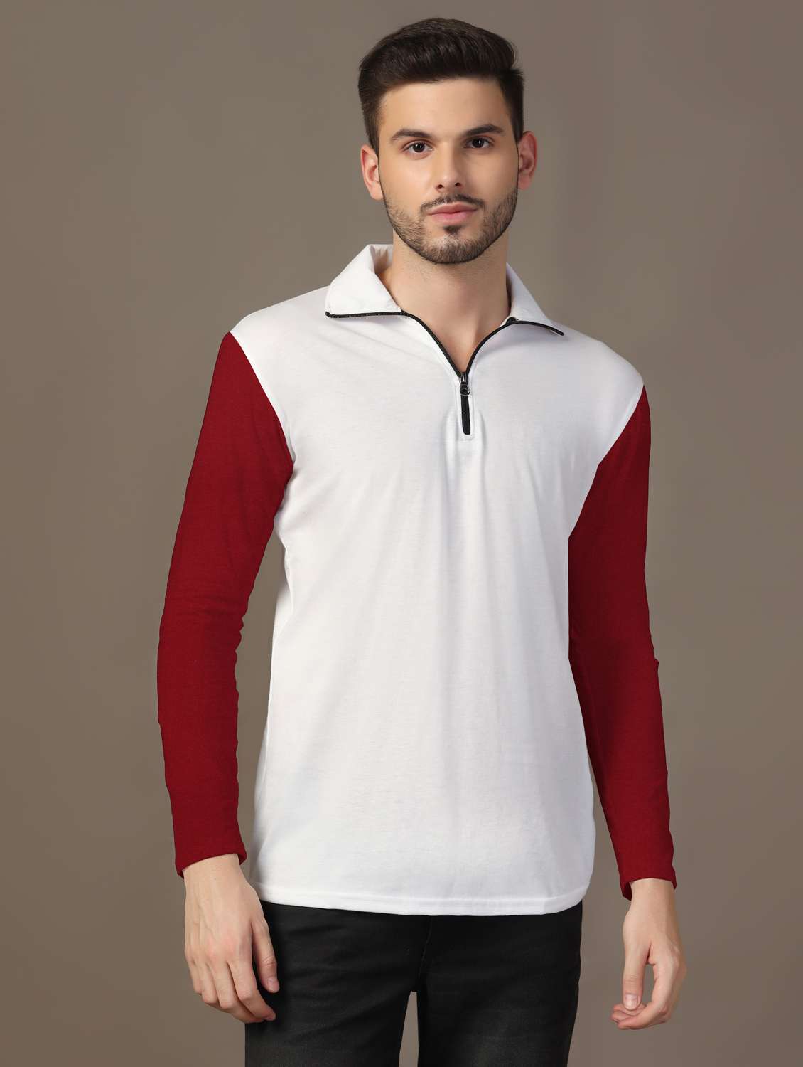 men long sleeves color block polo t-shirt - 21717468 -  Zoom Image - 0