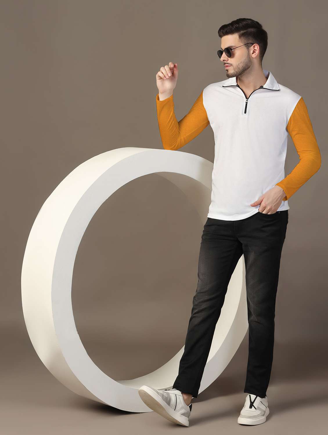 men long sleeves color block polo t-shirt - 21717469 - Standard Image - 3