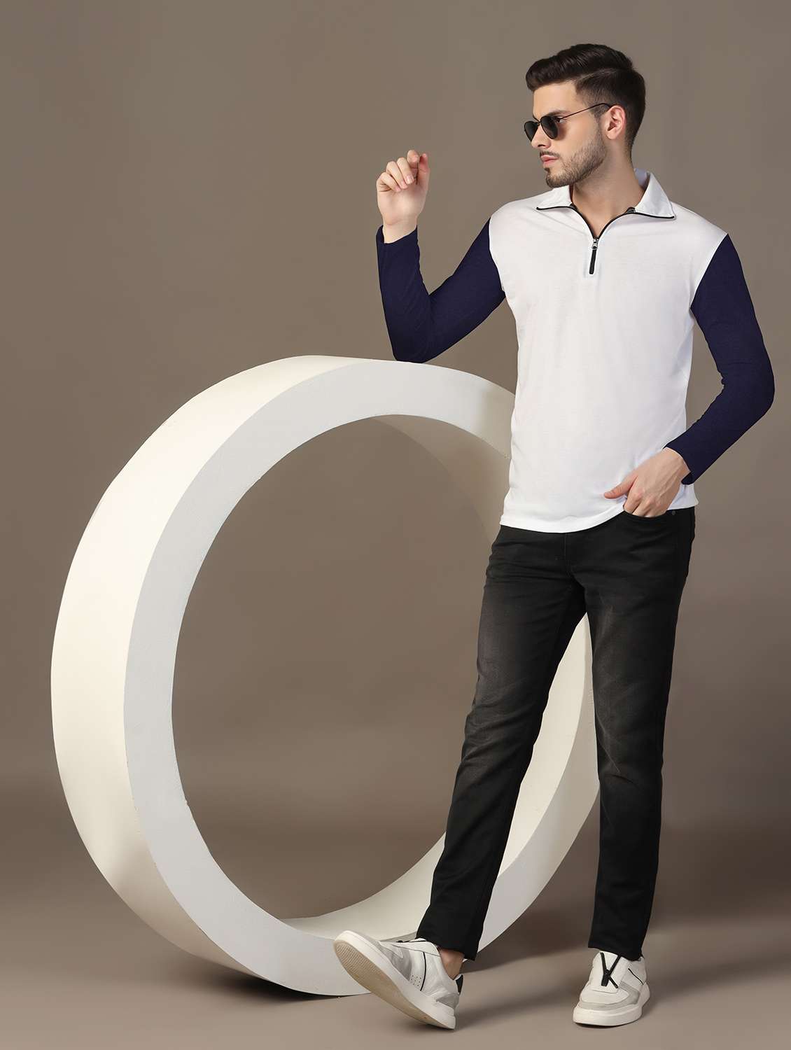 men long sleeves color block polo t-shirt - 21717470 -  Standard Image - 3