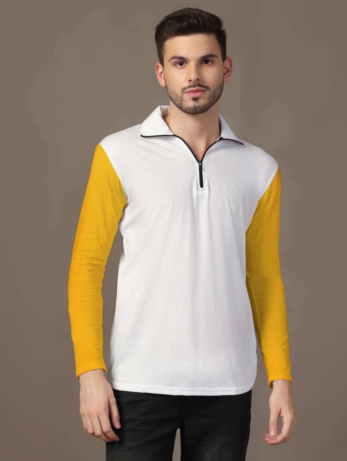 men long sleeves color block polo t-shirt - 21717474 -  Zoom Image - 0