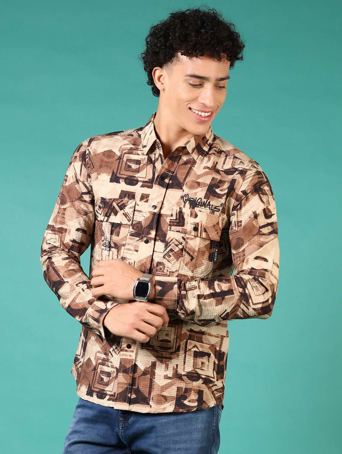 men printed long sleeve casual shirt