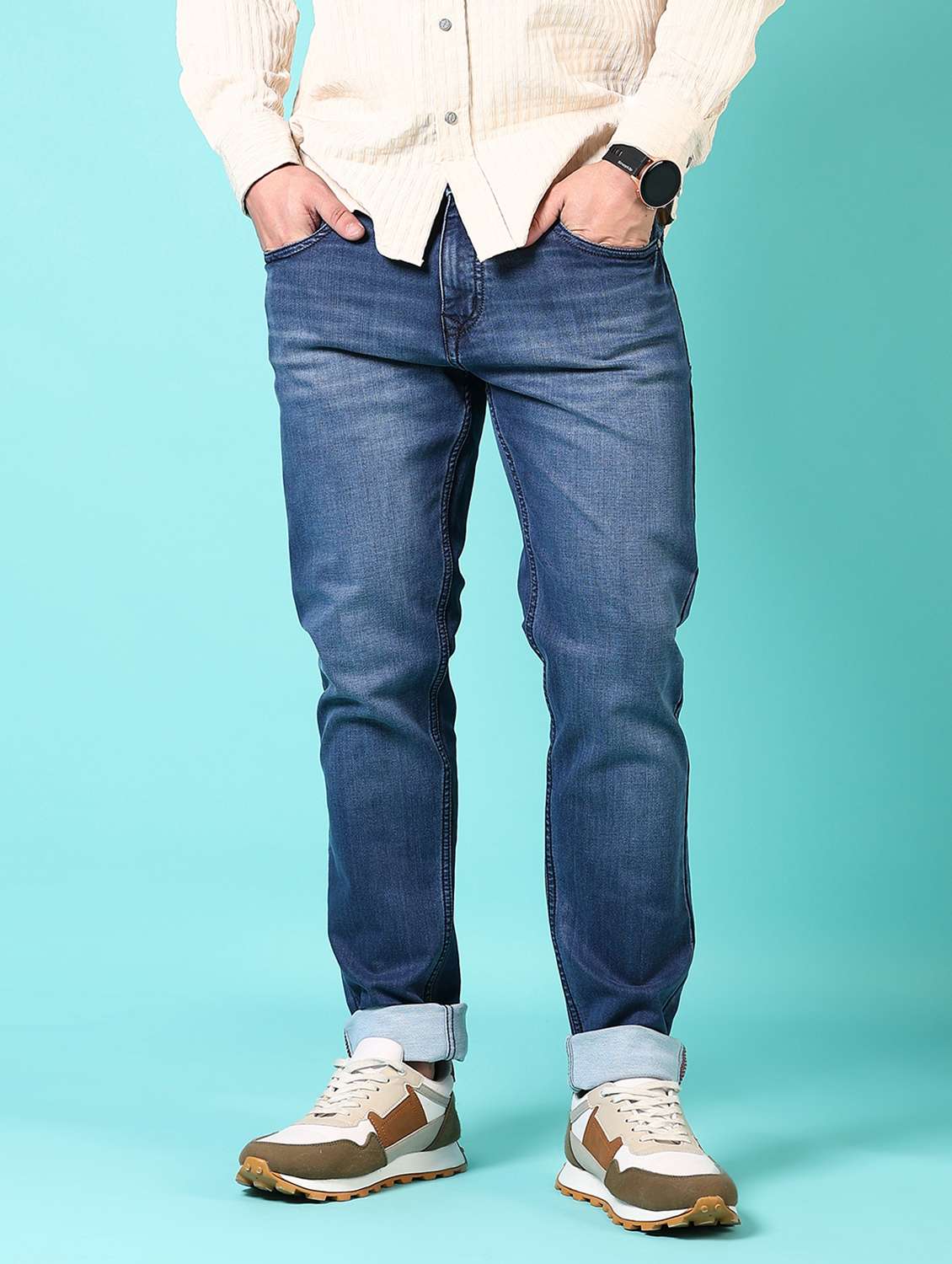 men washed mid rise jeans