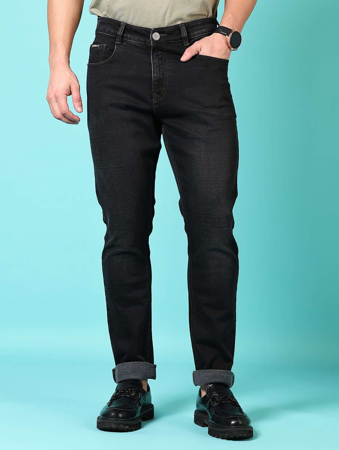 men washed mid rise jeans