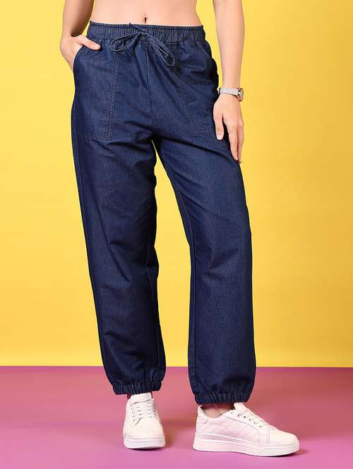 women blue solid joggers