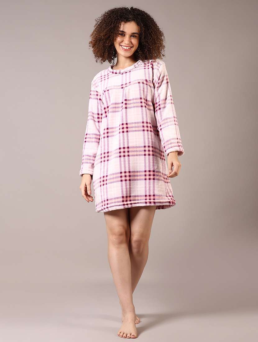 women checkered long sleeves winter wear sleepshirt