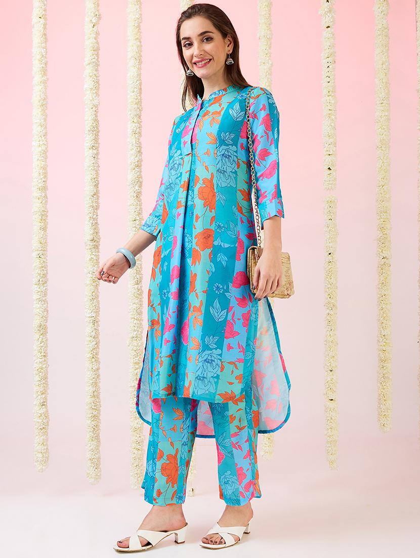 globus women blue floral print mandarin collar high-low hem straight kurta & pants fusion set - 21718297 -  Zoom Image - 0