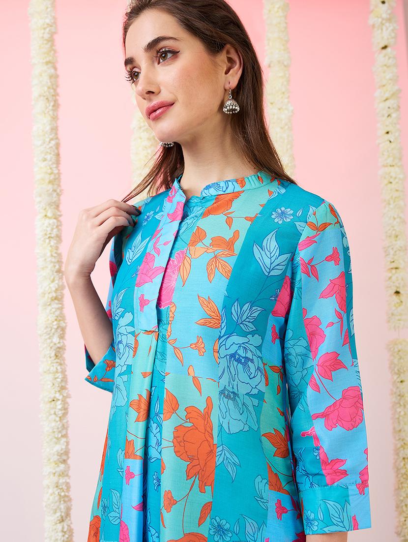 globus women blue floral print mandarin collar high-low hem straight kurta & pants fusion set - 21718297 - Standard Image - 3