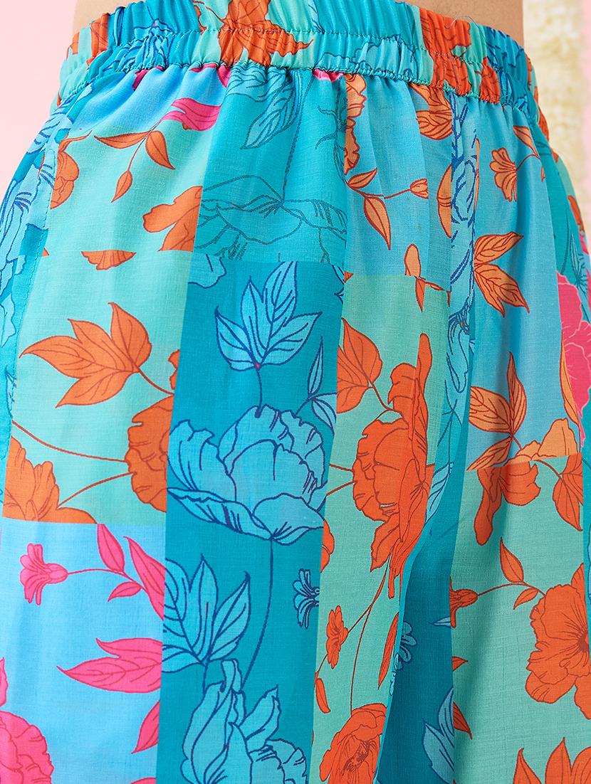 globus women blue floral print mandarin collar high-low hem straight kurta & pants fusion set - 21718297 - Standard Image - 5
