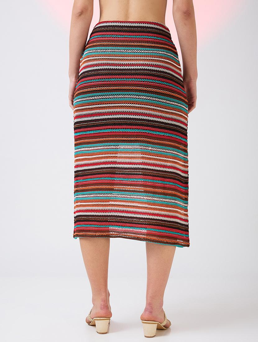 globus women multi colour stripes pattern crochet mid rise straight midi skirt - 21718305 - Standard Image - 3