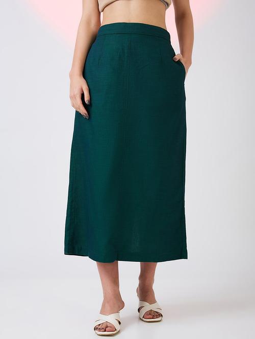 globus women dark green self design mid rise side pockets midi workwear skirt - 21718309 -  Standard Image - 0