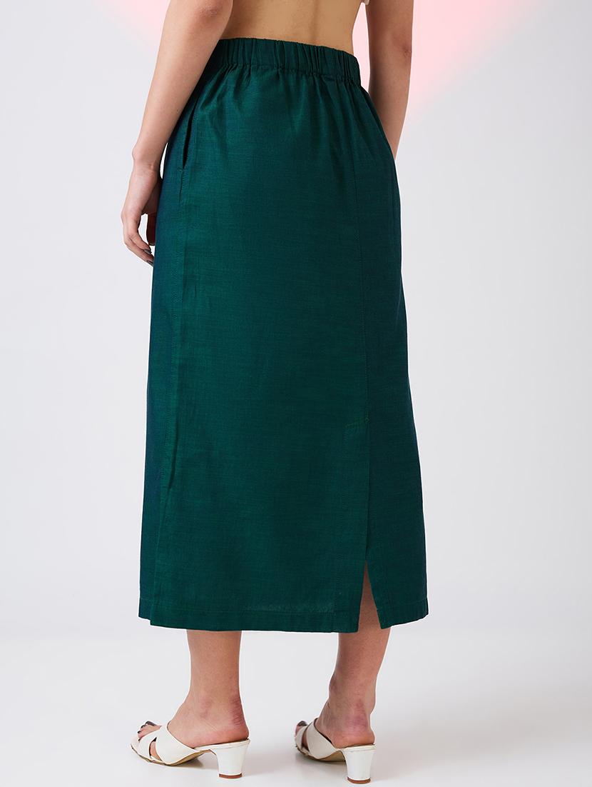 globus women dark green self design mid rise side pockets midi workwear skirt - 21718309 - Standard Image - 3