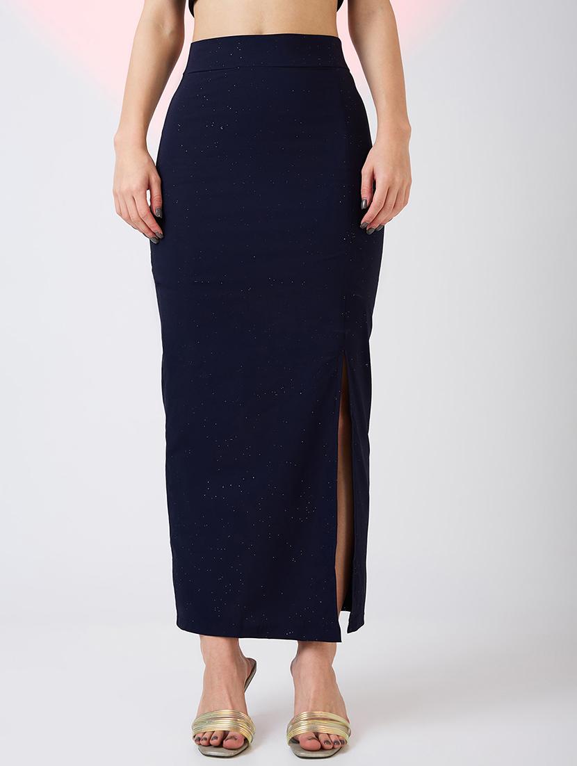 globus women navy high rise side slit bling effect maxi pencil party skirt - 21718312 - Zoom Image - 0