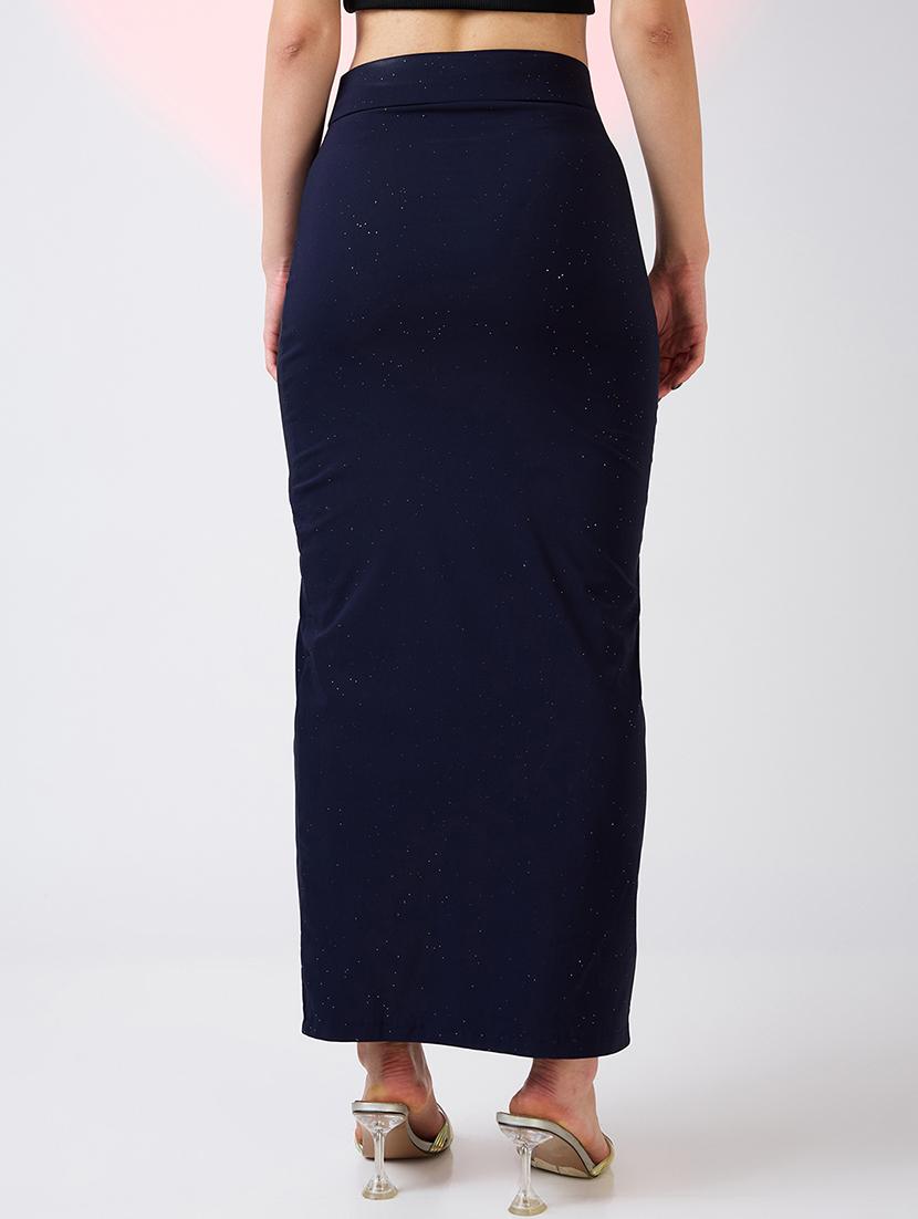 globus women navy high rise side slit bling effect maxi pencil party skirt - 21718312 - Standard Image - 3