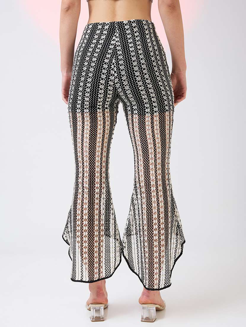 globus women black self design crochet mid rise relaxed fit flat front bootcut trousers - 21718313 -  Standard Image - 3