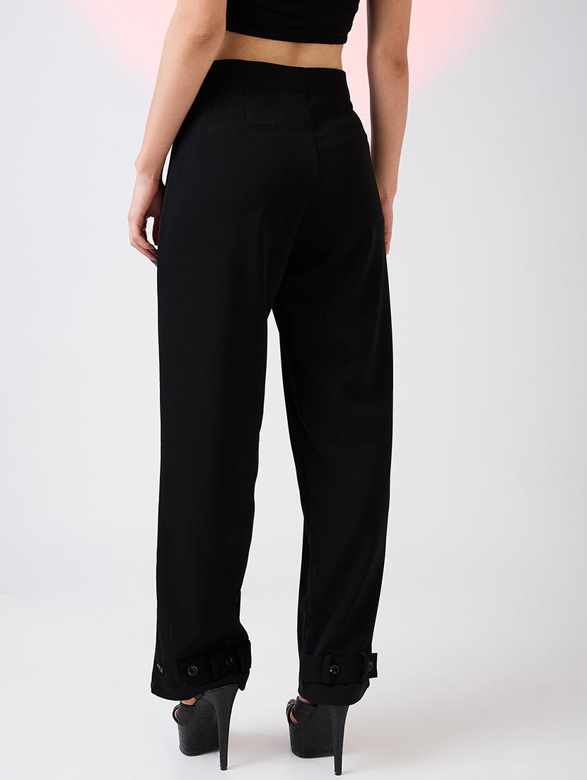 globus women black mid rise relaxed fit adjustable hem workwear korean pants - 21718314 - Standard Image - 3