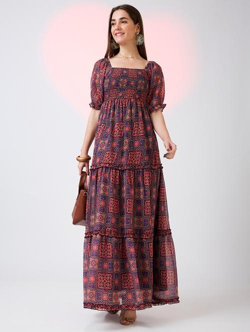 globus women multicolor square neck puff sleeves ethnic print smocked tiered fit & flare maxi dress - 21718321 -  Standard Image - 0