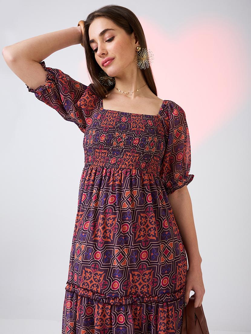 globus women multicolor square neck puff sleeves ethnic print smocked tiered fit & flare maxi dress - 21718321 - Standard Image - 3