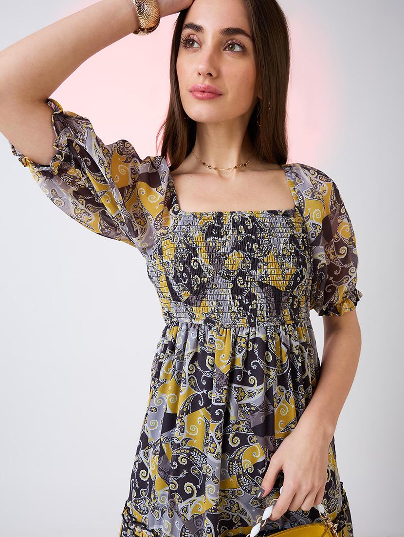 globus women yellow square neck puff sleeves ethnic print smocked tiered fit & flare maxi dress - 21718322 - Standard Image - 3