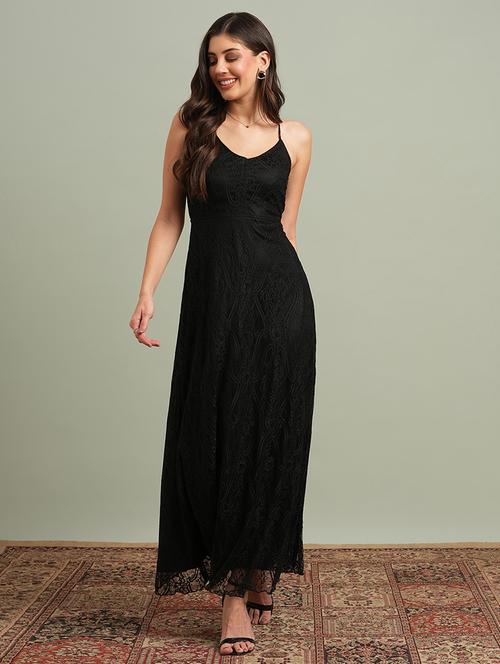 globus women black v-neck back side cross strap cut-out detail lace fit & flare maxi party dress - 21718323 -  Standard Image - 0