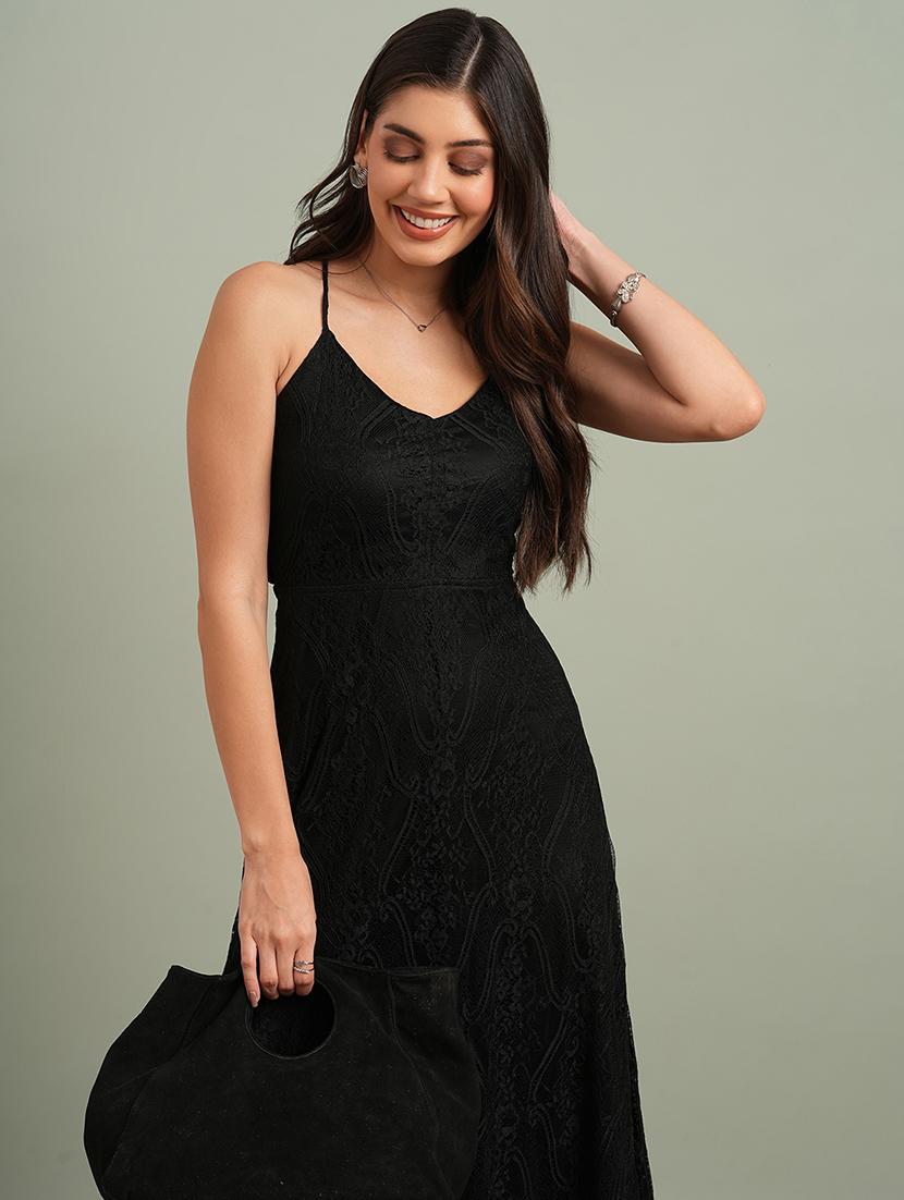 globus women black v-neck back side cross strap cut-out detail lace fit & flare maxi party dress - 21718323 - Standard Image - 3