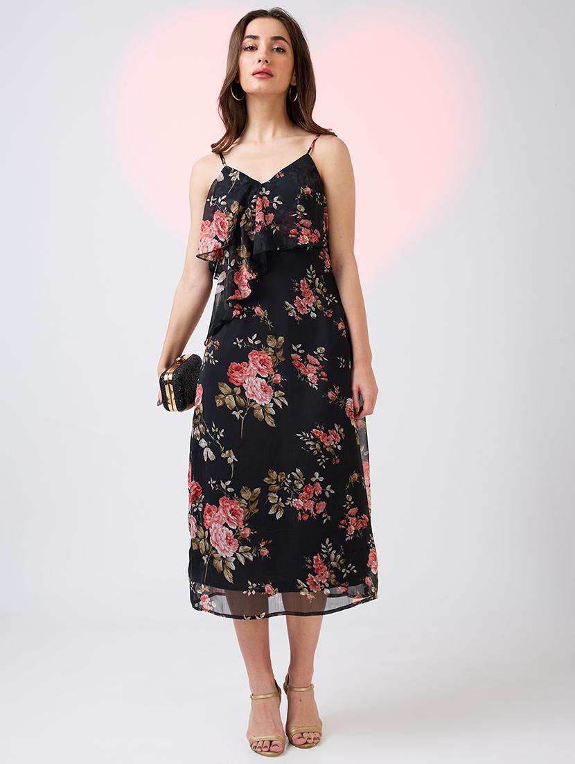 globus women black v-neck strappy shoulder floral print ruffles detail midi a-line party dress - 21718328 - Zoom Image - 0