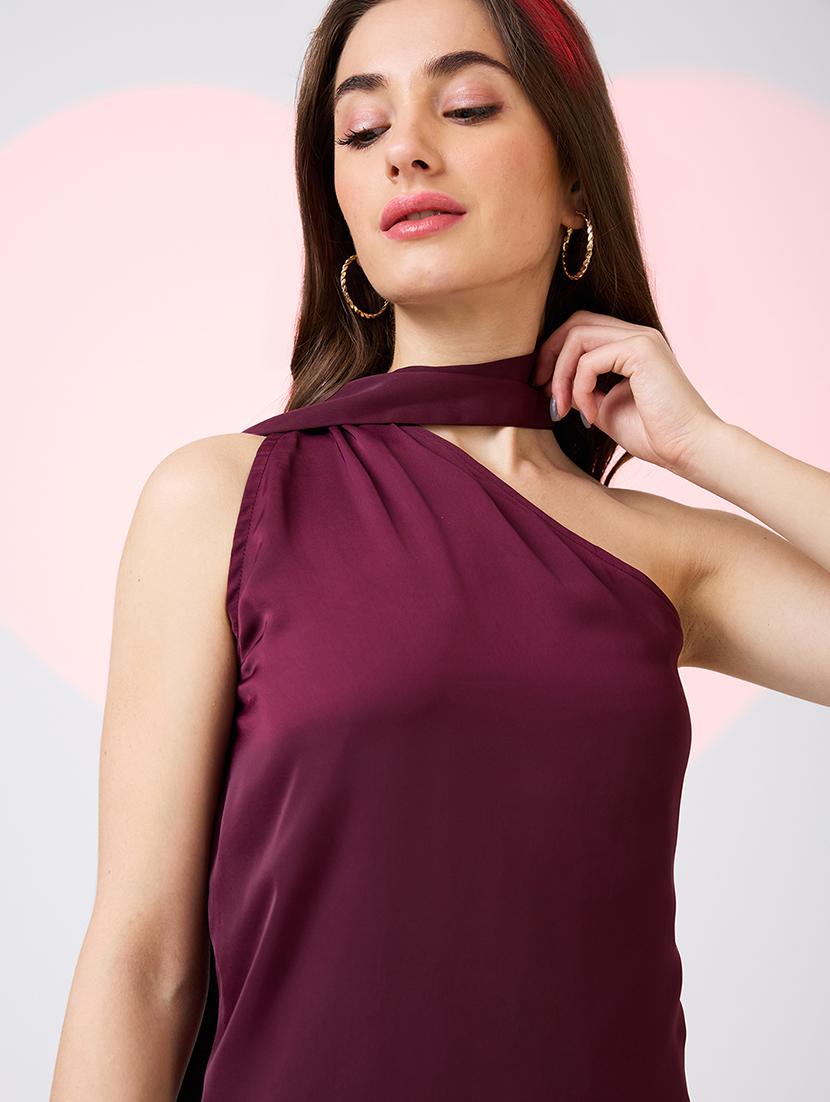 globus women burgundy scarf drape neck one shoulder solid mini a-line party dress - 21718330 - Standard Image - 3