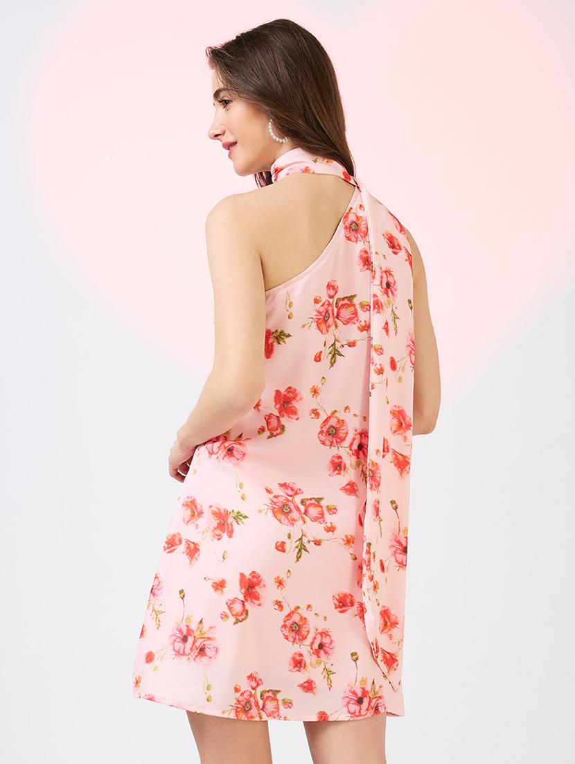 globus women pink scarf drape neck one shoulder floral print mini a-line party dress - 21718331 - Standard Image - 3