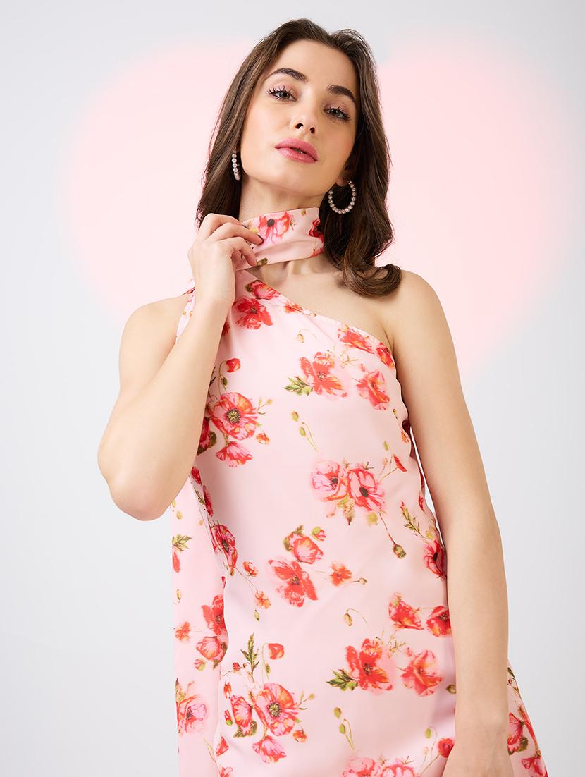 globus women pink scarf drape neck one shoulder floral print mini a-line party dress - 21718331 - Standard Image - 5