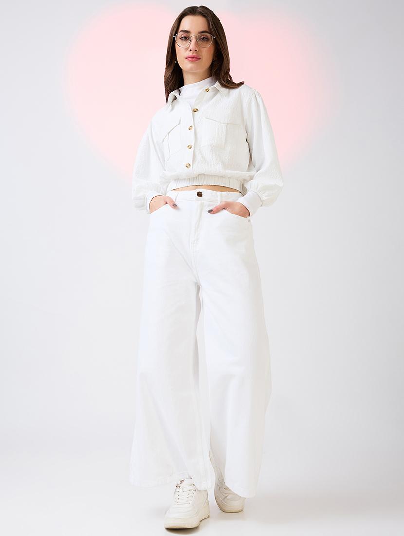 globus women white self design collared neck puffed sleeves shirt style workwear crop top with utility pockets - 21718335 - Standard Image - 3