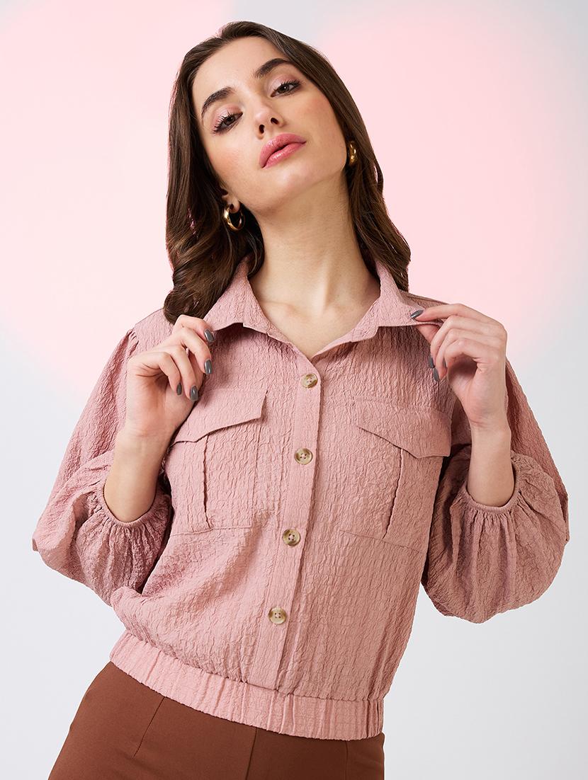 globus women pink self design collared neck puffed sleeves shirt style workwear crop top with utility pockets - 21718336 -  Zoom Image - 0