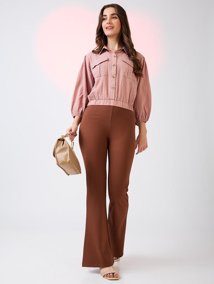 globus women pink self design collared neck puffed sleeves shirt style workwear crop top with utility pockets - 21718336 - Standard Image - 3