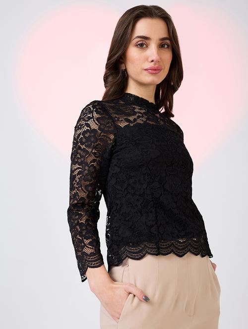 globus women black self design high neck floral lace scalloped hem party top - 21718337 - Standard Image - 0