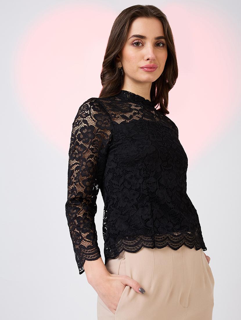 globus women black self design high neck floral lace scalloped hem party top - 21718337 - Zoom Image - 0