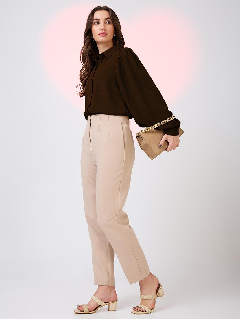 globus women brown collared neck cuffed sleeves shirt style work wear top - 21718338 - Standard Image - 3