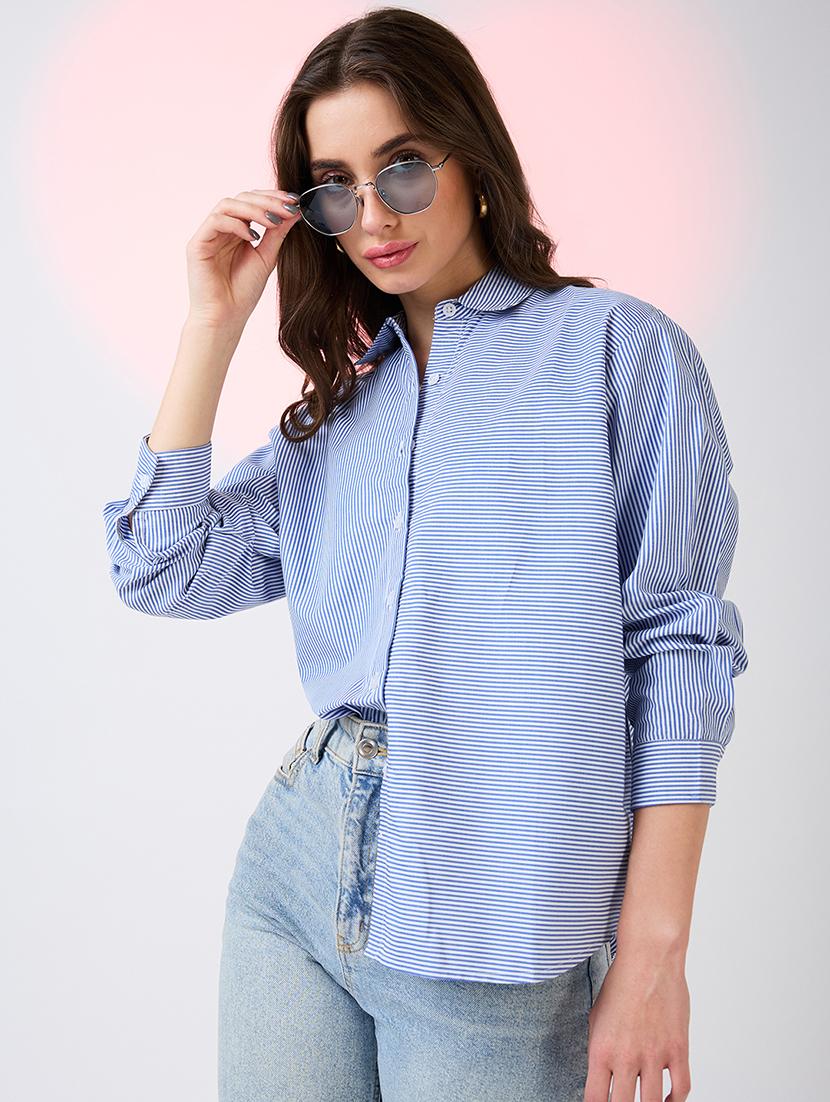 globus women blue collared neck cuffed sleeves striped pattern shirt style work wear top - 21718339 - Zoom Image - 0