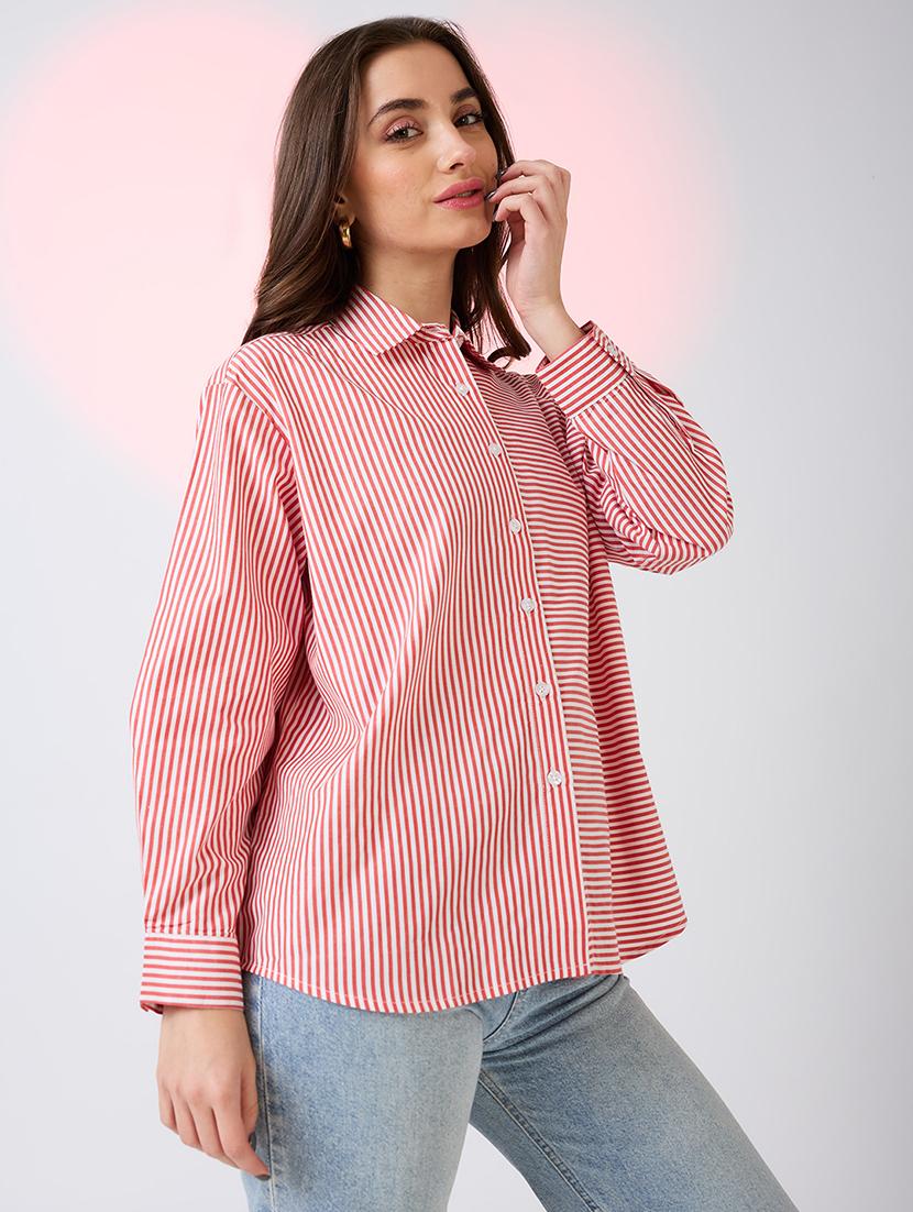 globus women red collared neck cuffed sleeves striped pattern shirt style work wear top - 21718340 -  Zoom Image - 0