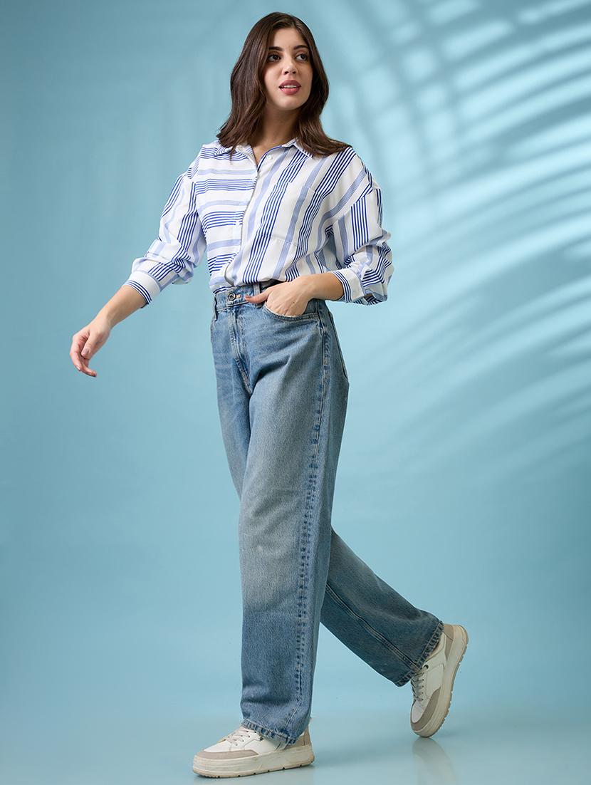 globus women white collared neck cuffed sleeves striped pattern shirt style work wear top - 21718341 -  Zoom Image - 0
