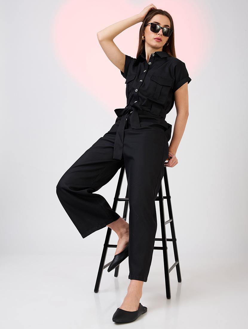 globus women black shirt collar extended sleeves front pockets utility belted jumpsuit - 21718345 -  Zoom Image - 0