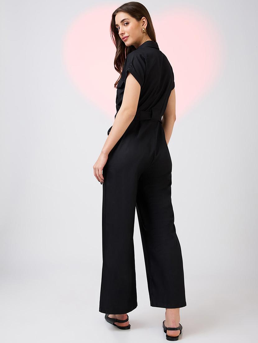 globus women black shirt collar extended sleeves front pockets utility belted jumpsuit - 21718345 - Standard Image - 3