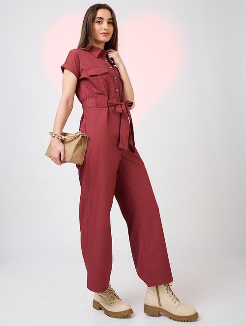 globus women rust shirt collar extended sleeves front pockets utility belted jumpsuit - 21718346 -  Standard Image - 0
