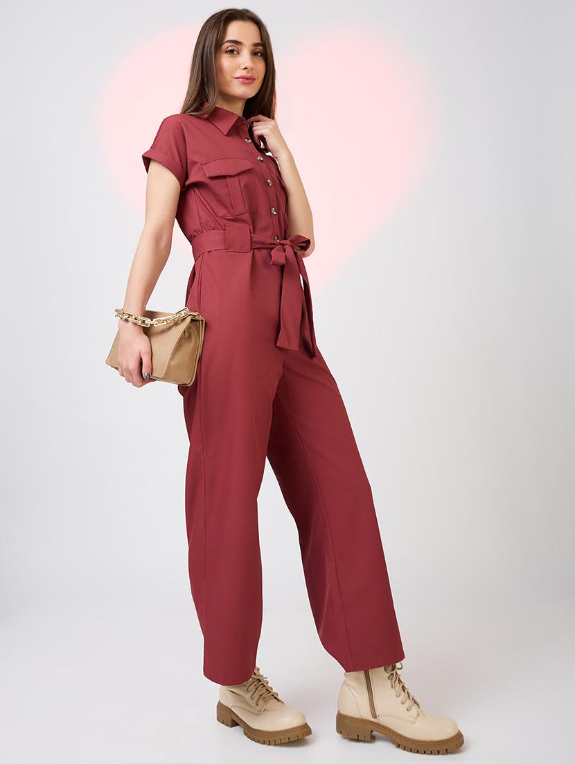 globus women rust shirt collar extended sleeves front pockets utility belted jumpsuit - 21718346 -  Zoom Image - 0