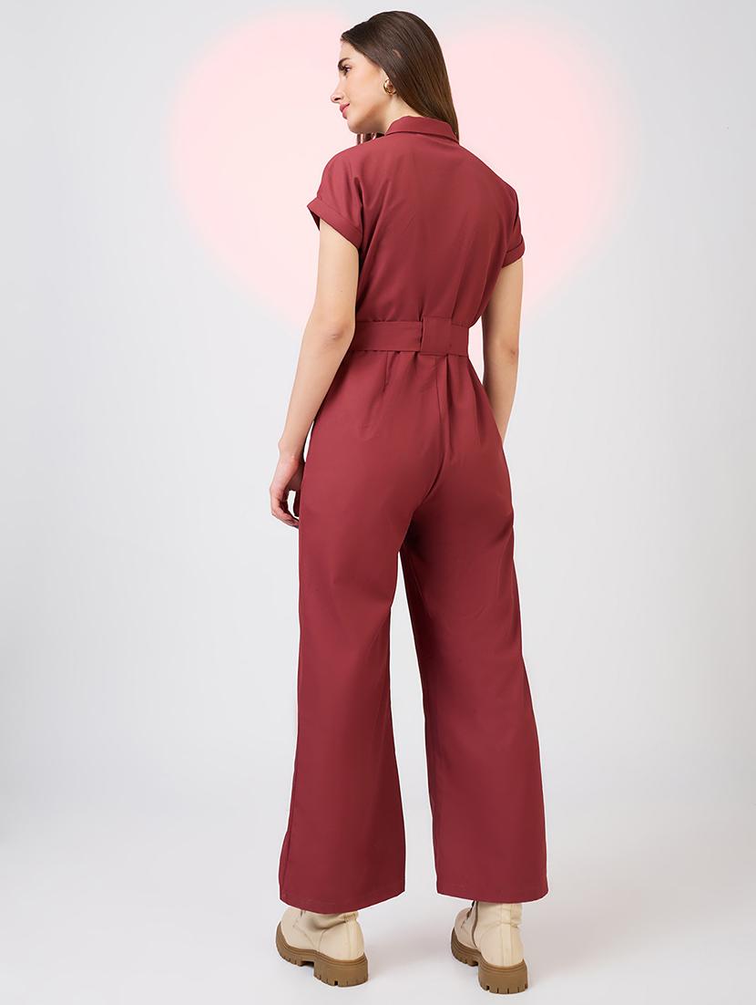 globus women rust shirt collar extended sleeves front pockets utility belted jumpsuit - 21718346 - Standard Image - 3